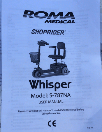 Used Manual For A Shoprider Whisper Scootie Mobility Scooter B2825
